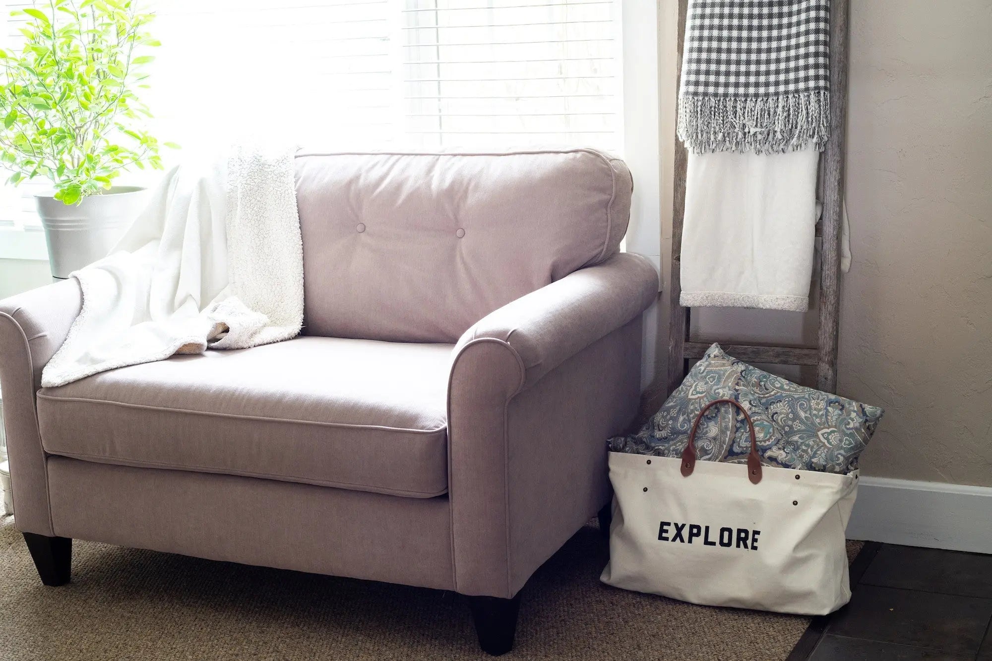 72" Six Step Rustic Weathered Grey Wood Ladder Shelf - NOBLE HOME INTERIORS