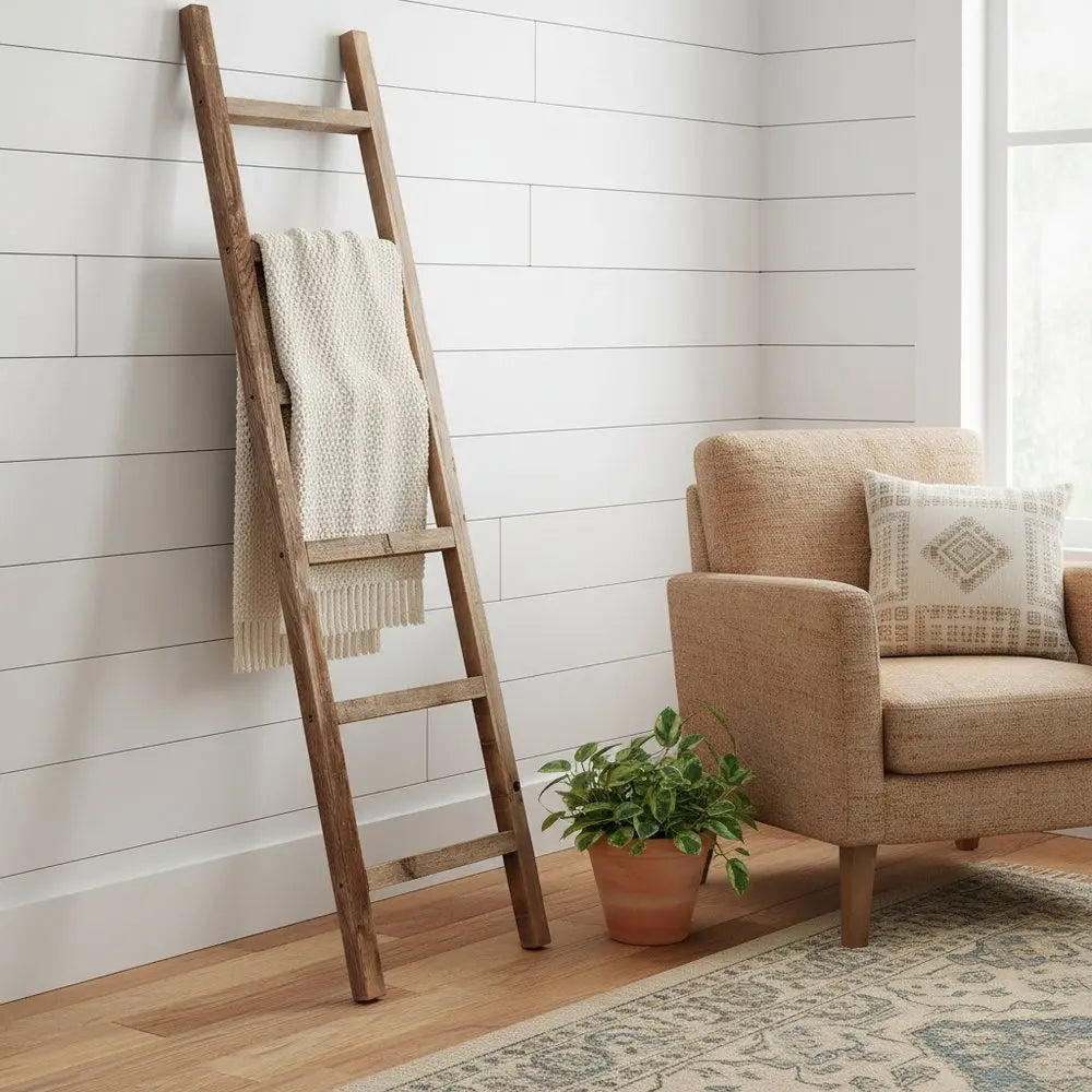 72" Six Step Rustic Weathered Grey Wood Ladder Shelf - NOBLE HOME INTERIORS