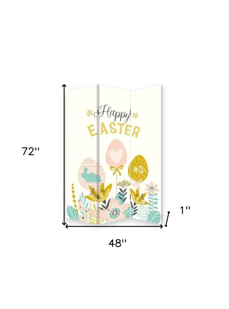 72" Yellow and White Canvas Folding Three Panel Screen Room Divider - NOBLE HOME INTERIORS