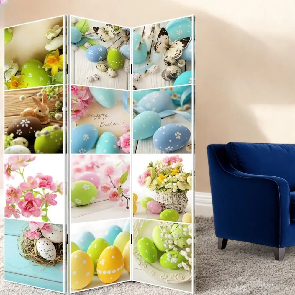 72" Yellow and White Canvas Folding Three Panel Screen Room Divider - NOBLE HOME INTERIORS