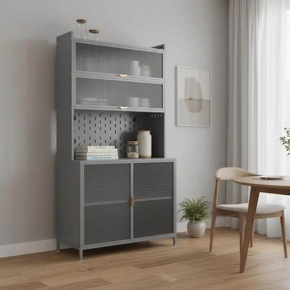 73" Gray Stainless Steel Textured Door Dining Hutch With Two Doors - NOVA HOME FURNITURE