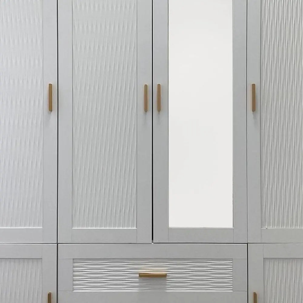 75" White Ribbed Texture Wood Mirrored Six Door Two Drawer Combo Dresser - NOBLE HOME INTERIORS