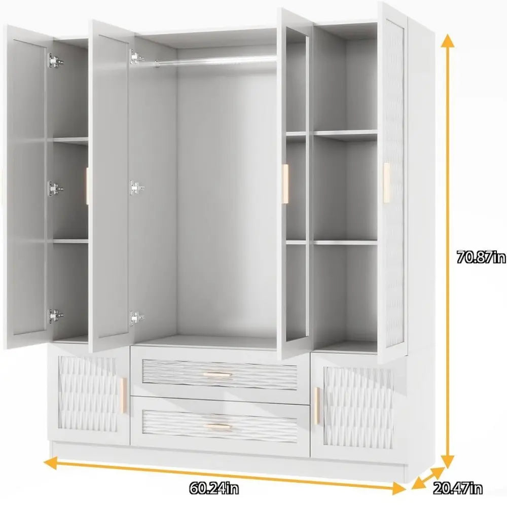 75" White Ribbed Texture Wood Mirrored Six Door Two Drawer Combo Dresser - NOBLE HOME INTERIORS