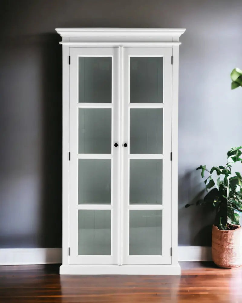 75" White Wood and Glass Double Door Storage Cabinet - NOVA HOME FURNITURE