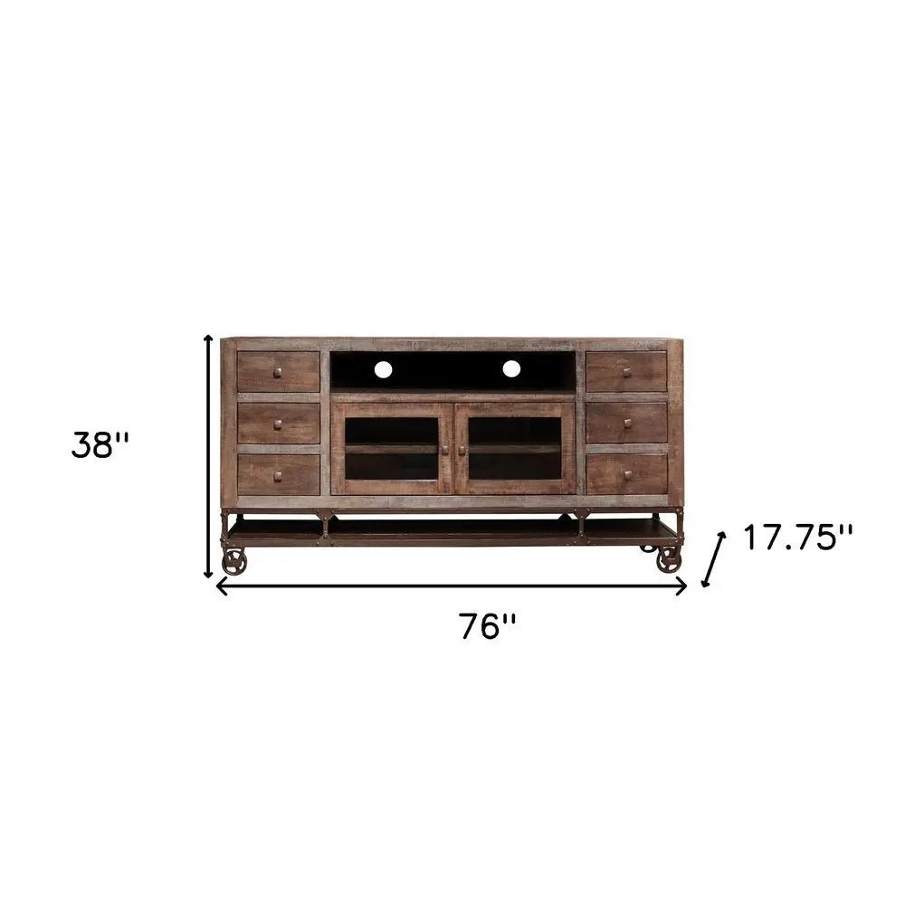 76" Brown Solid Wood Cabinet Enclosed Storage Distressed TV Stand - NOVA HOME FURNITURE