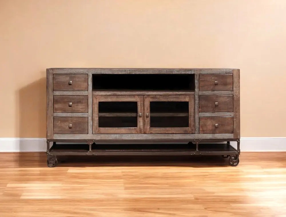 76" Brown Solid Wood Cabinet Enclosed Storage Distressed TV Stand - NOVA HOME FURNITURE