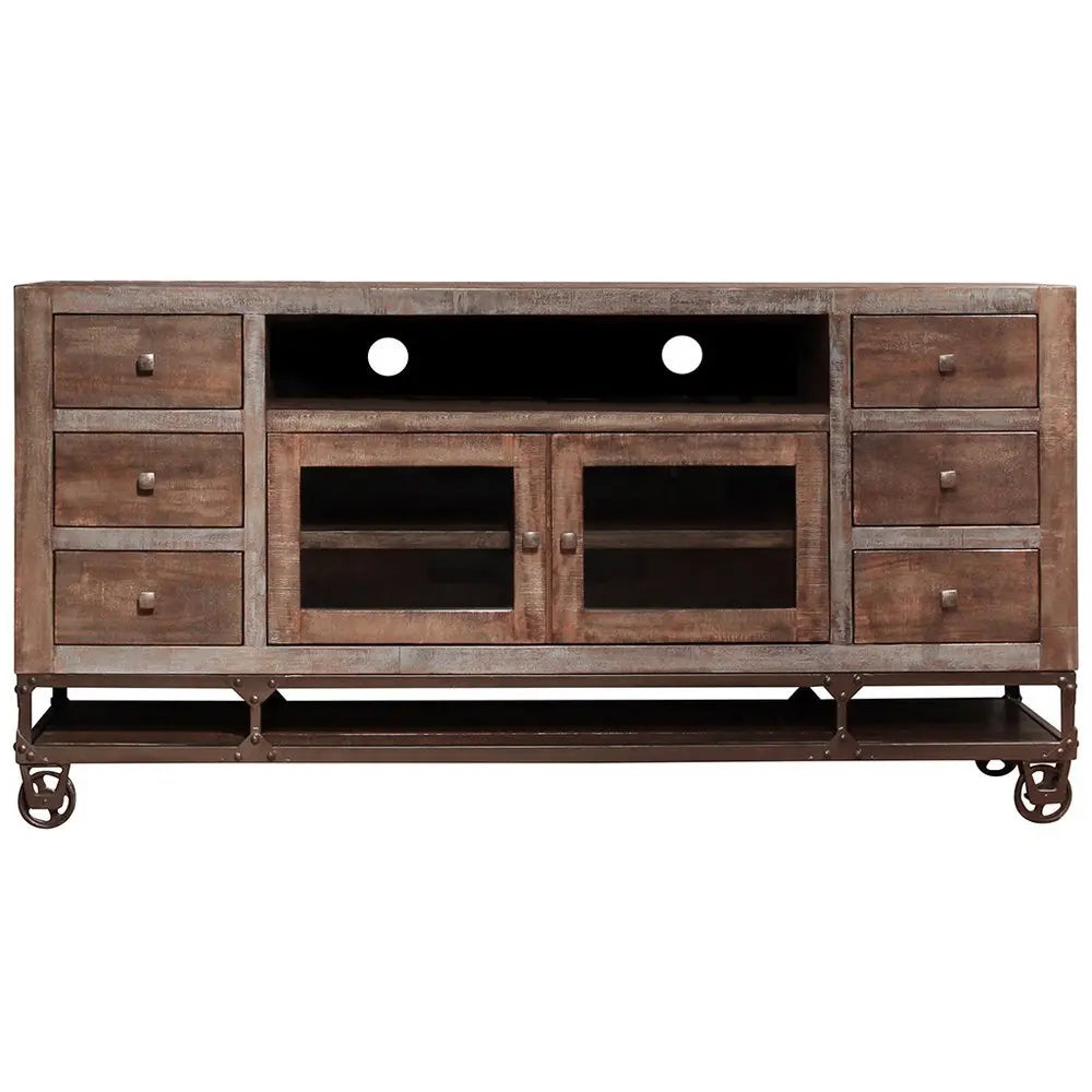 76" Brown Solid Wood Cabinet Enclosed Storage Distressed TV Stand - NOVA HOME FURNITURE