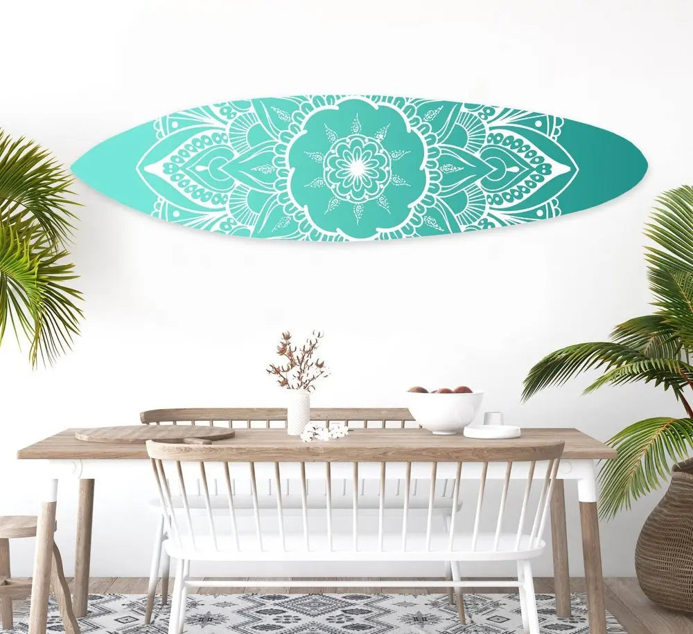 76" X 18" Blue and White Surfboard Floral Medallion Wood Wall Decor - NOBLE HOME INTERIORS