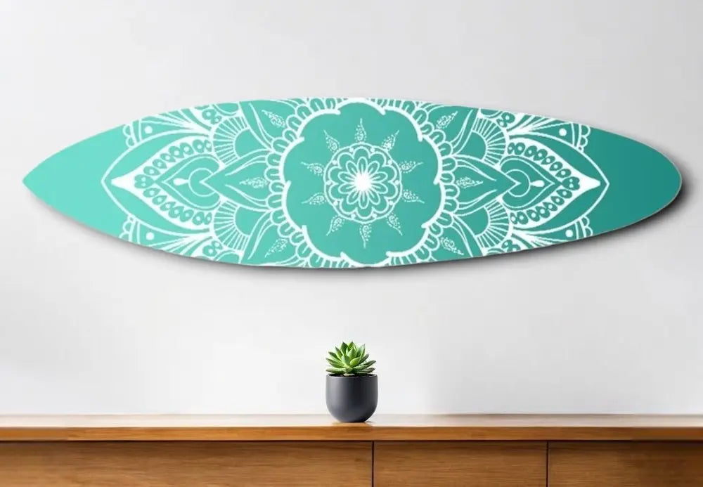 76" X 18" Blue and White Surfboard Floral Medallion Wood Wall Decor - NOBLE HOME INTERIORS