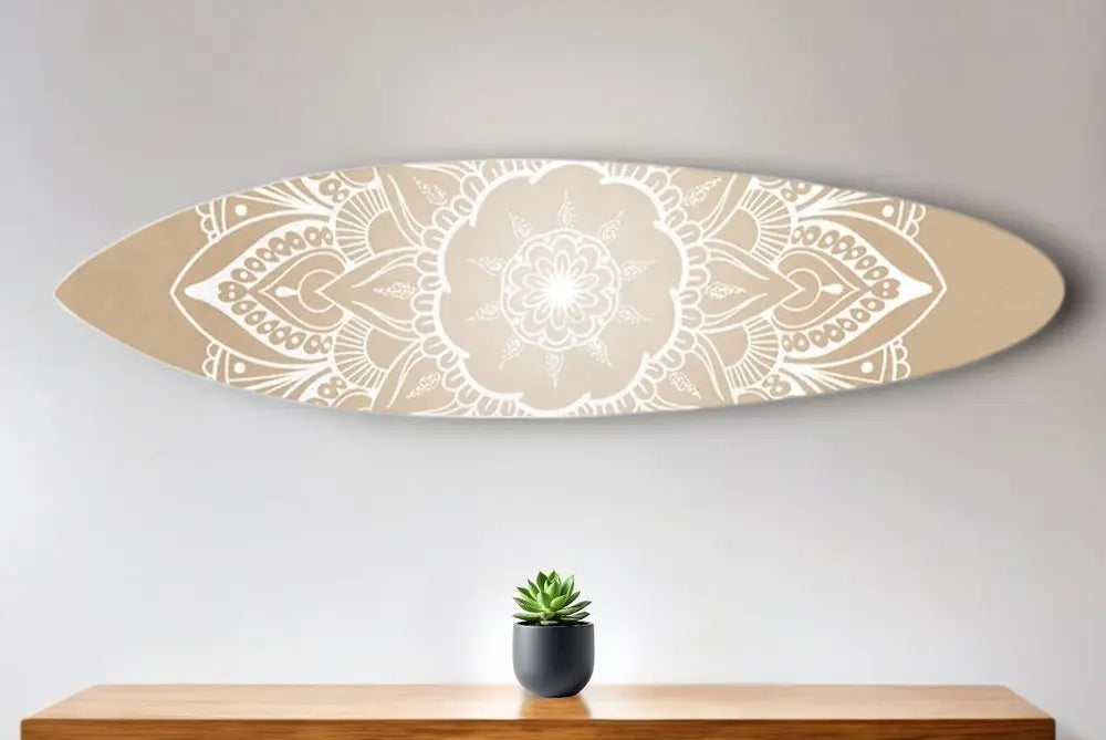 76" X 18" Tan and White Surfboard Floral Medallion Wood Hanging Dimensional Sculpture - NOBLE HOME INTERIORS