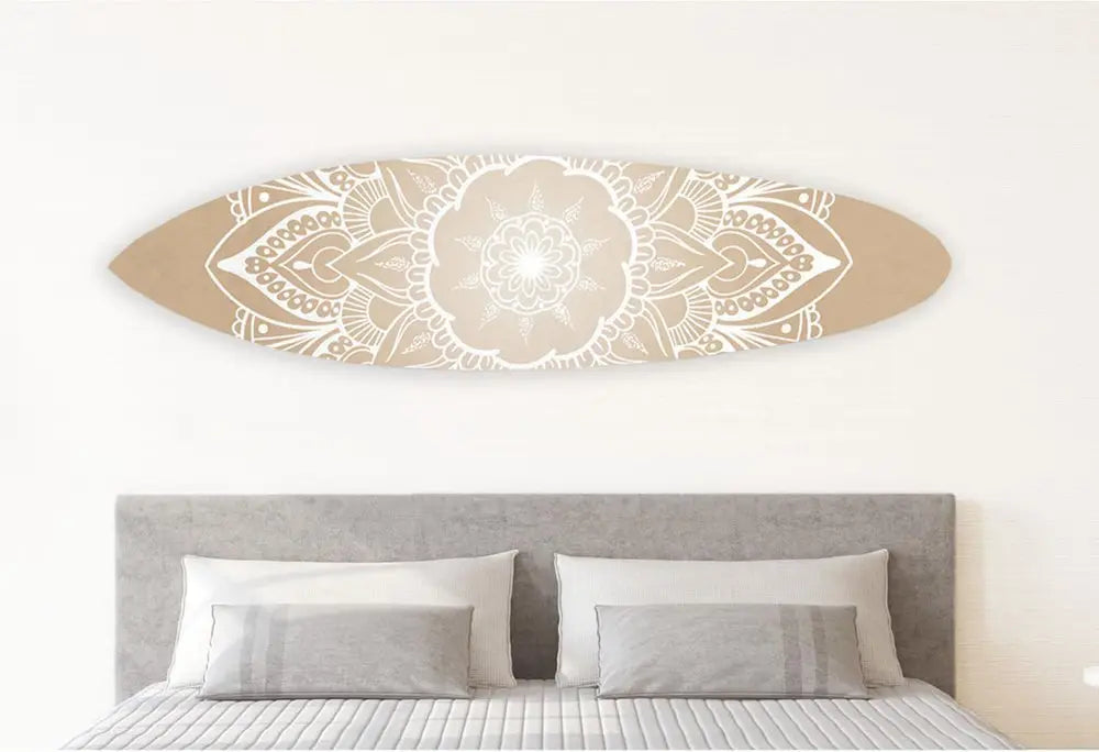 76" X 18" Tan and White Surfboard Floral Medallion Wood Hanging Dimensional Sculpture - NOBLE HOME INTERIORS
