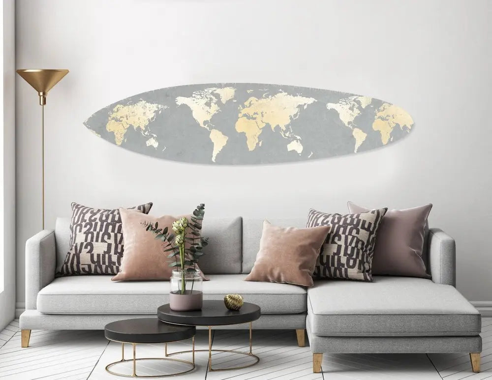 76" X 18" X 1" Grey And Gold World Map Surfboard Wall Art - NOBLE HOME INTERIORS