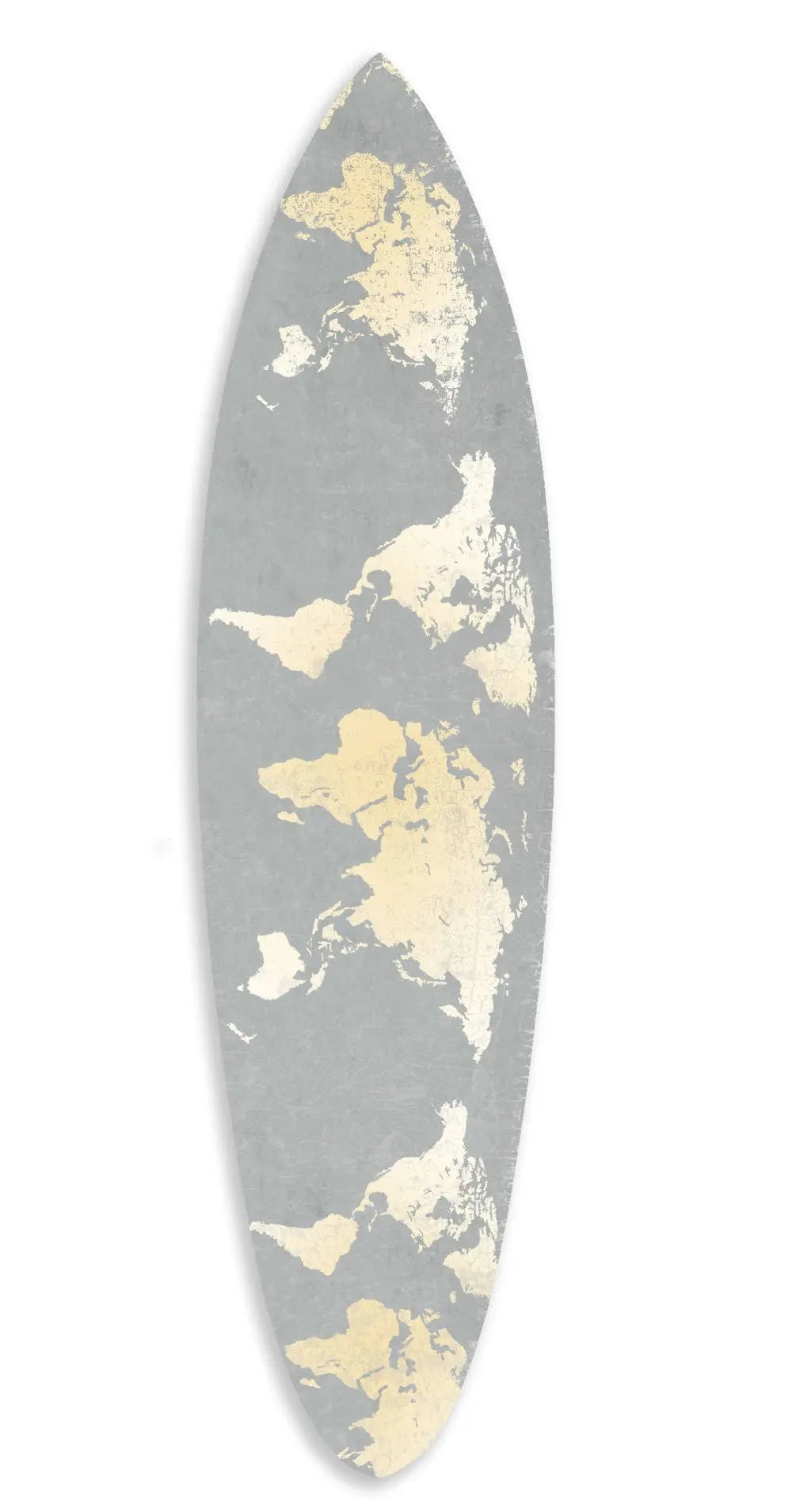 76" X 18" X 1" Grey And Gold World Map Surfboard Wall Art - NOBLE HOME INTERIORS