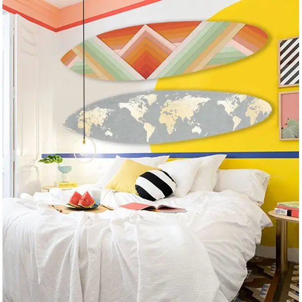 76" X 18" X 1" Grey And Gold World Map Surfboard Wall Art - NOBLE HOME INTERIORS