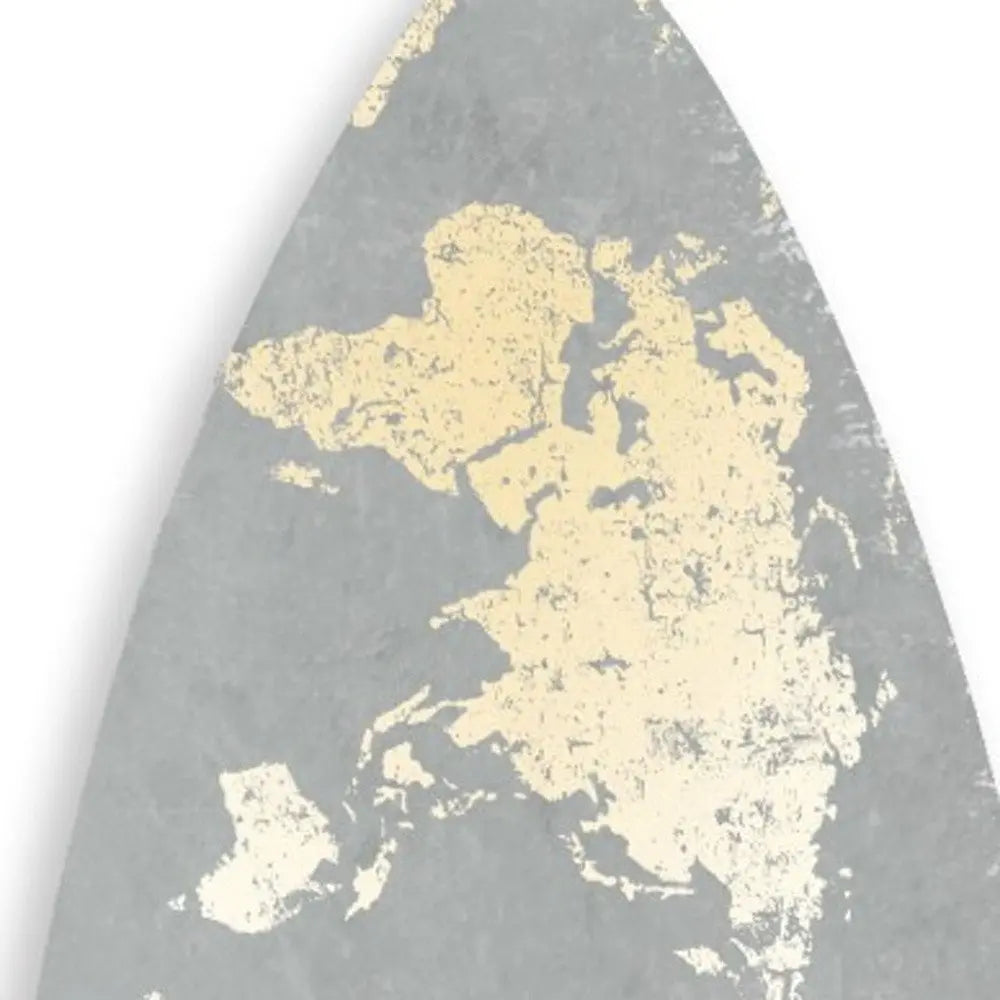 76" X 18" X 1" Grey And Gold World Map Surfboard Wall Art - NOBLE HOME INTERIORS