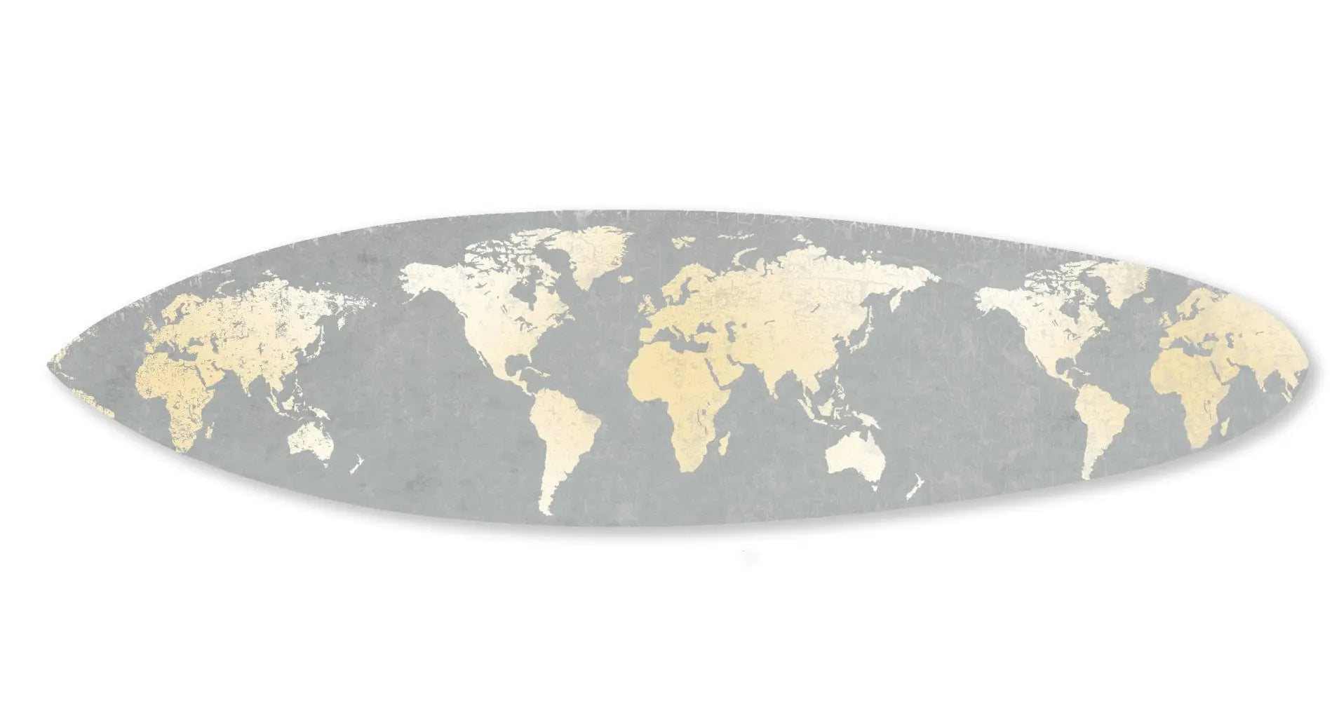 76" X 18" X 1" Grey And Gold World Map Surfboard Wall Art - NOBLE HOME INTERIORS