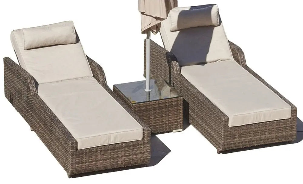 78" Set of Two Brown Indoor Outdoor Chaise Lounge with Beige Cushion - NOBLE HOME INTERIORS