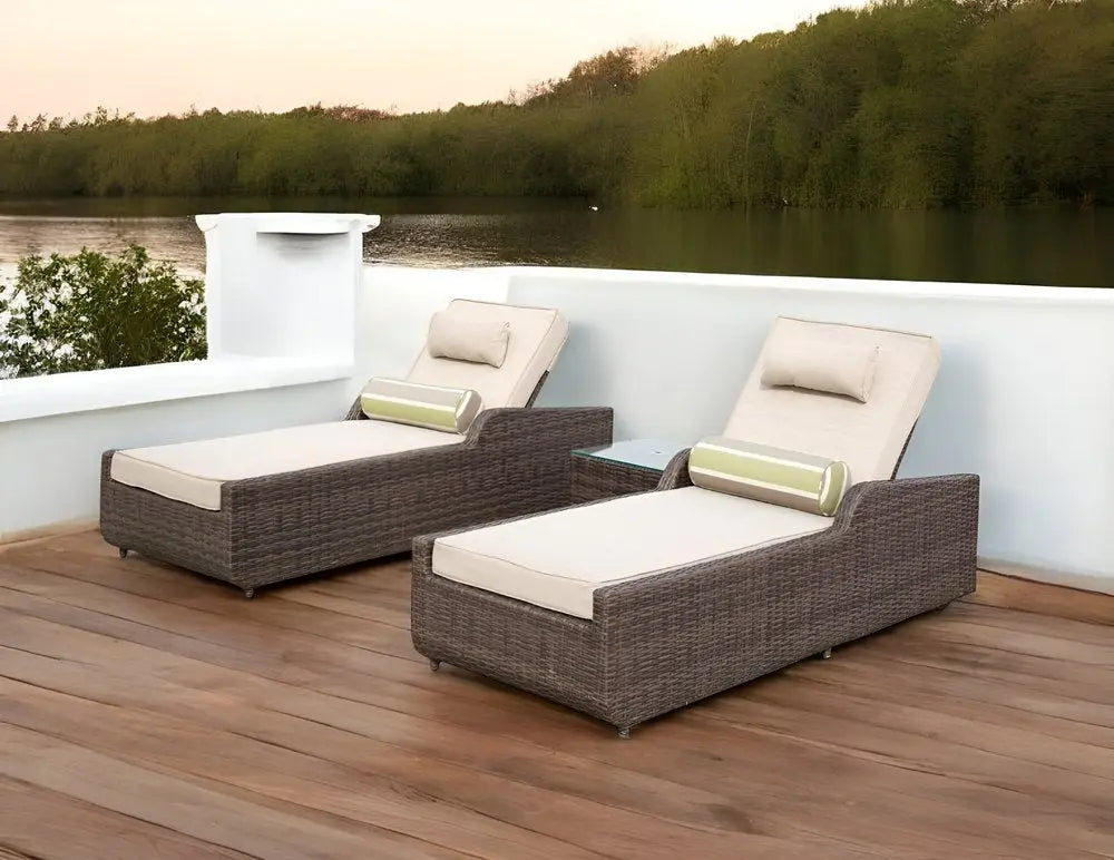 78" Set of Two Brown Indoor Outdoor Chaise Lounge with Beige Cushion - NOBLE HOME INTERIORS