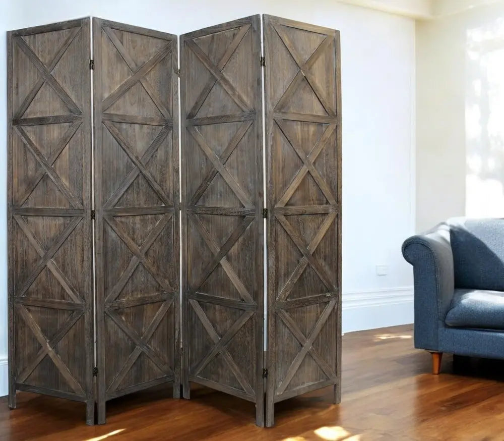 79" Brown Solid Wood Folding Four Panel Screen Room Divider - NOBLE HOME INTERIORS