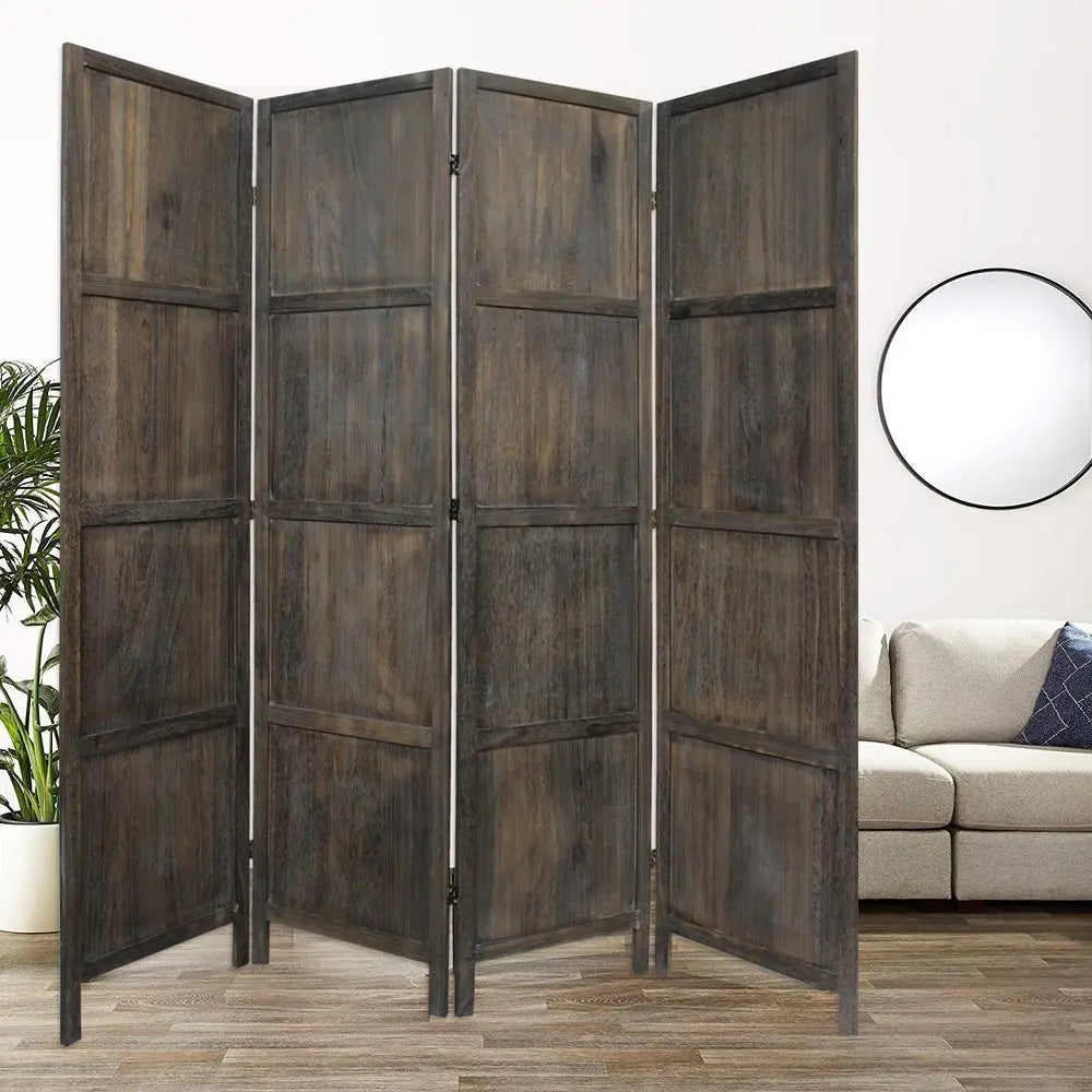 79" Brown Solid Wood Folding Four Panel Screen Room Divider - NOBLE HOME INTERIORS
