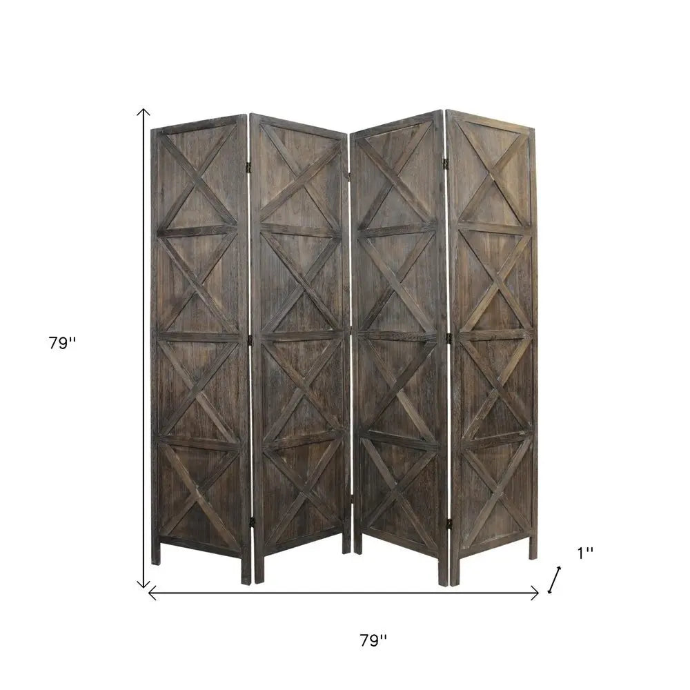 79" Brown Solid Wood Folding Four Panel Screen Room Divider - NOBLE HOME INTERIORS