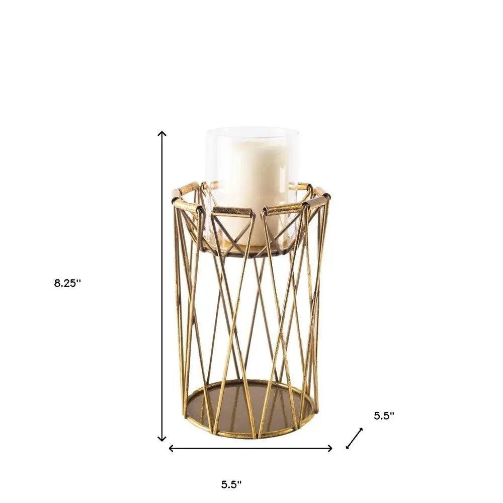 8" Antiqued Brass Distressed Geometric Metal And Glass Tabletop Hurricane Candle Holder HomeRoots