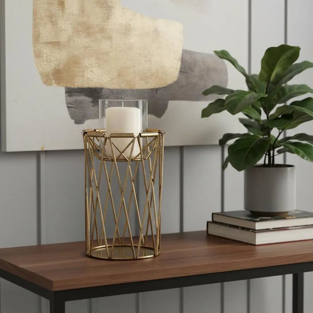 8" Antiqued Brass Distressed Geometric Metal And Glass Tabletop Hurricane Candle Holder HomeRoots