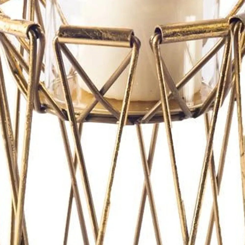 8" Antiqued Brass Distressed Geometric Metal And Glass Tabletop Hurricane Candle Holder HomeRoots