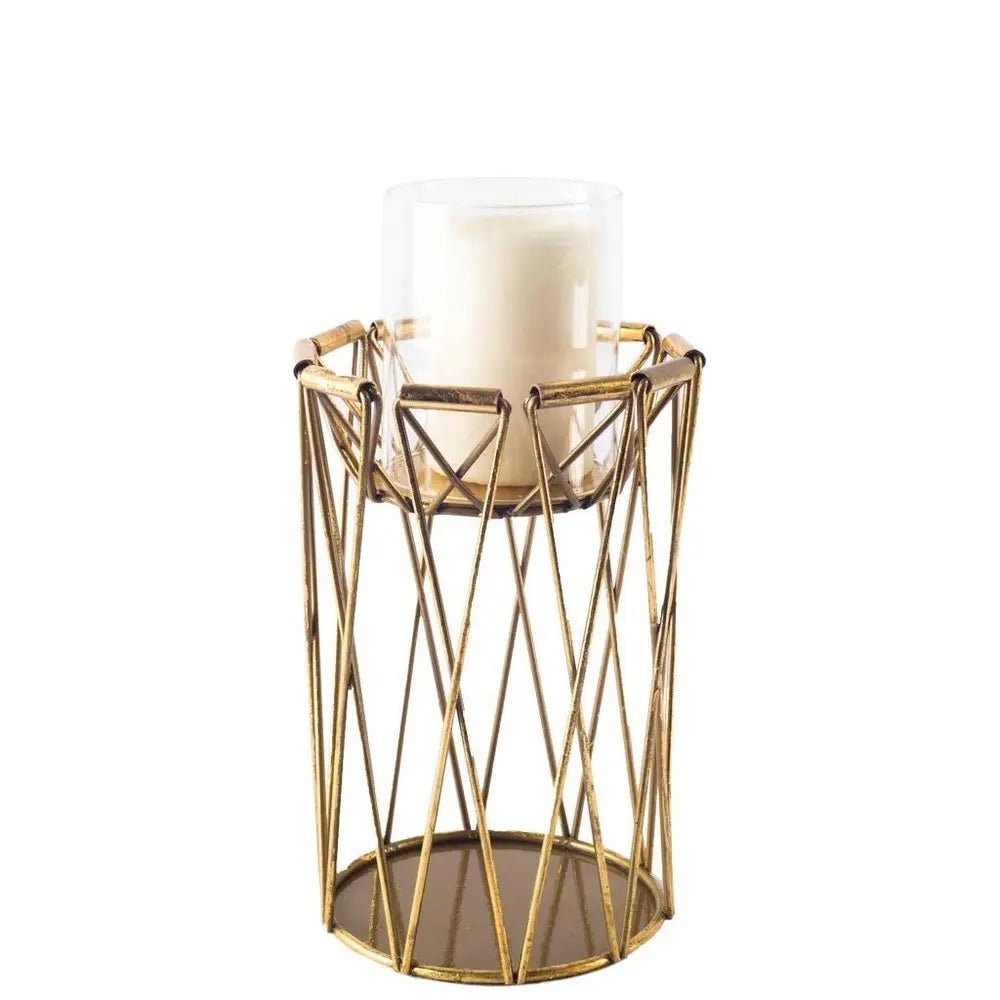 8" Antiqued Brass Distressed Geometric Metal And Glass Tabletop Hurricane Candle Holder HomeRoots