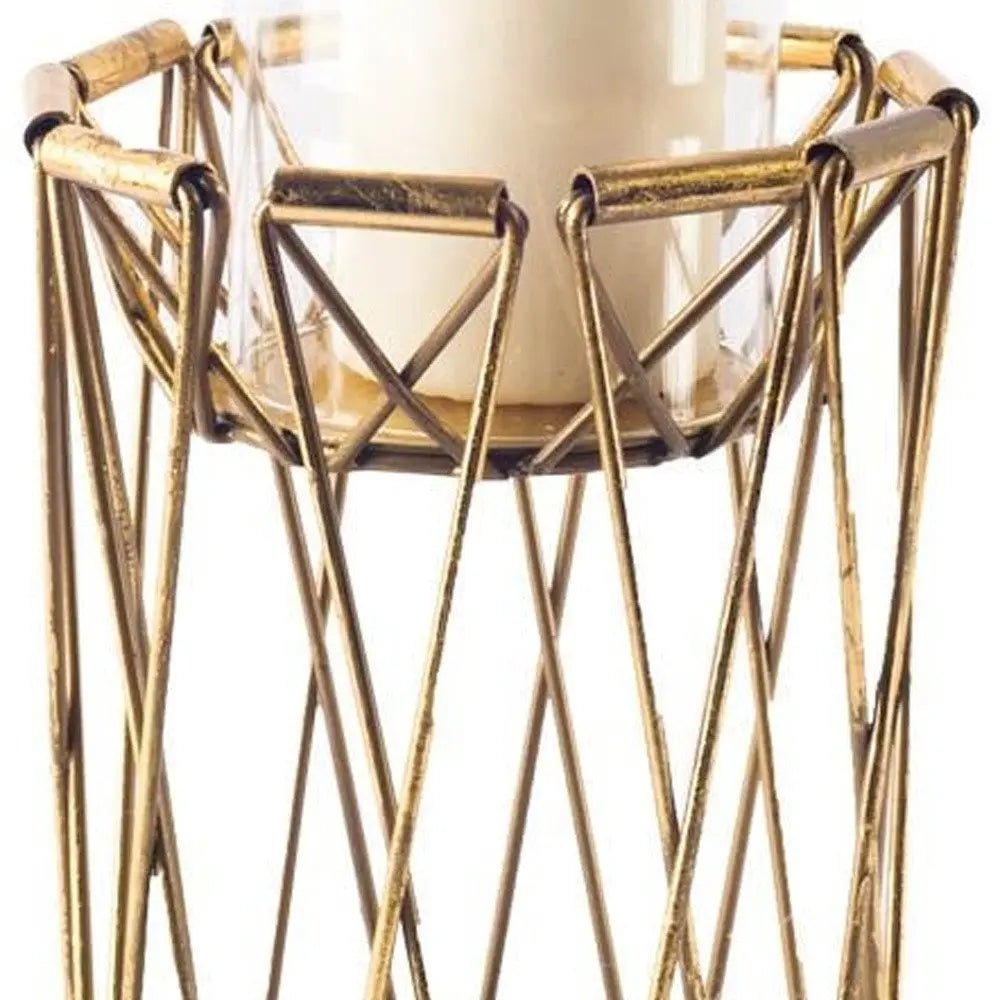 8" Antiqued Brass Distressed Geometric Metal And Glass Tabletop Hurricane Candle Holder HomeRoots