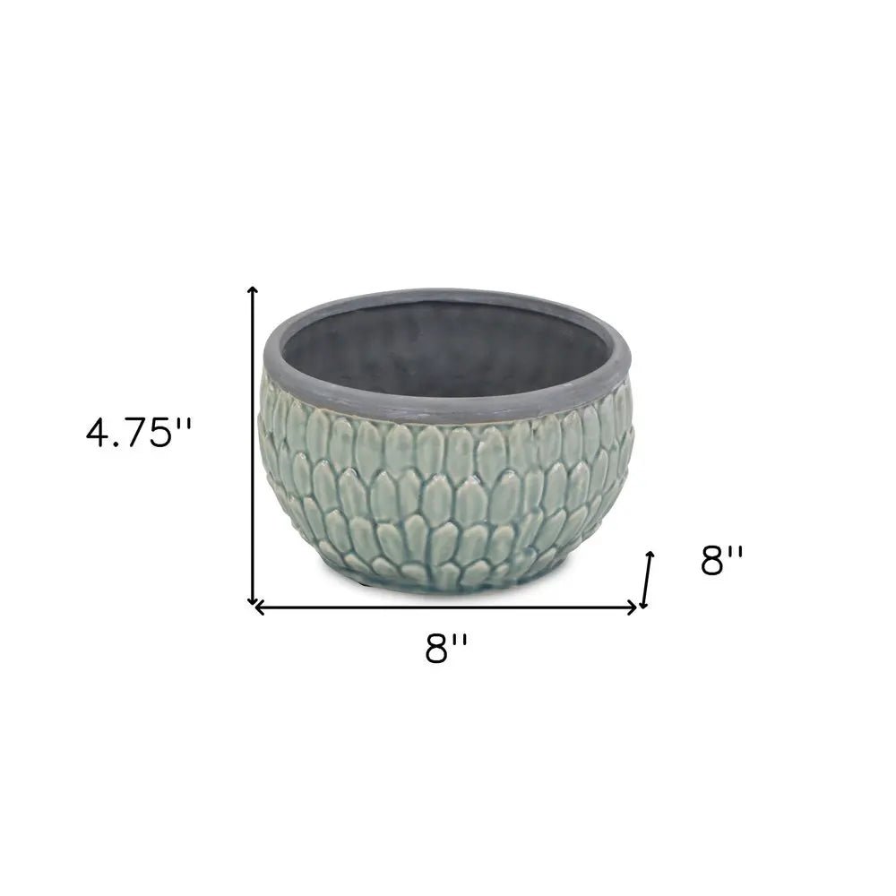 8" Aqua Textural Tone On Tone Ceramic Indoor Outdoor Round Pot Planter - NOBLE HOME INTERIORS