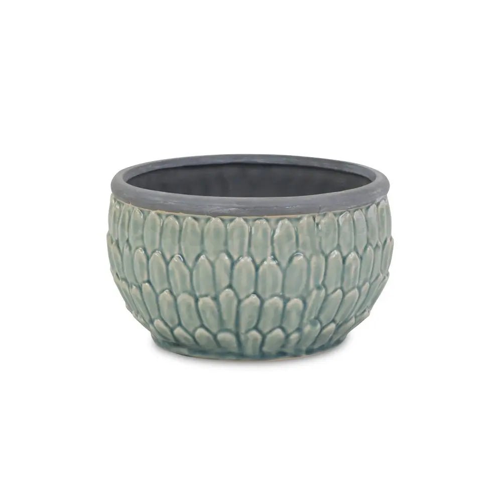 8" Aqua Textural Tone On Tone Ceramic Indoor Outdoor Round Pot Planter - NOBLE HOME INTERIORS