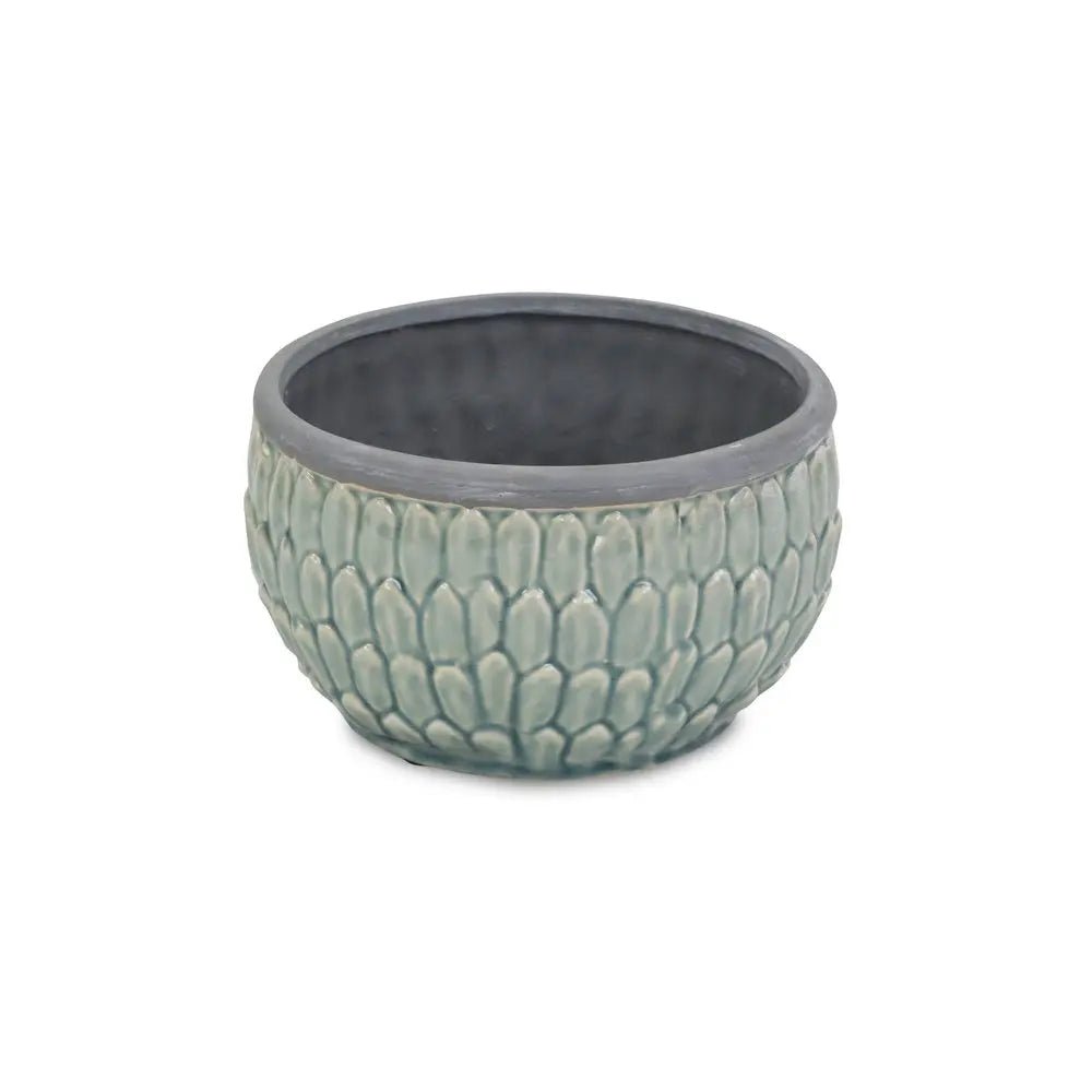 8" Aqua Textural Tone On Tone Ceramic Indoor Outdoor Round Pot Planter - NOBLE HOME INTERIORS