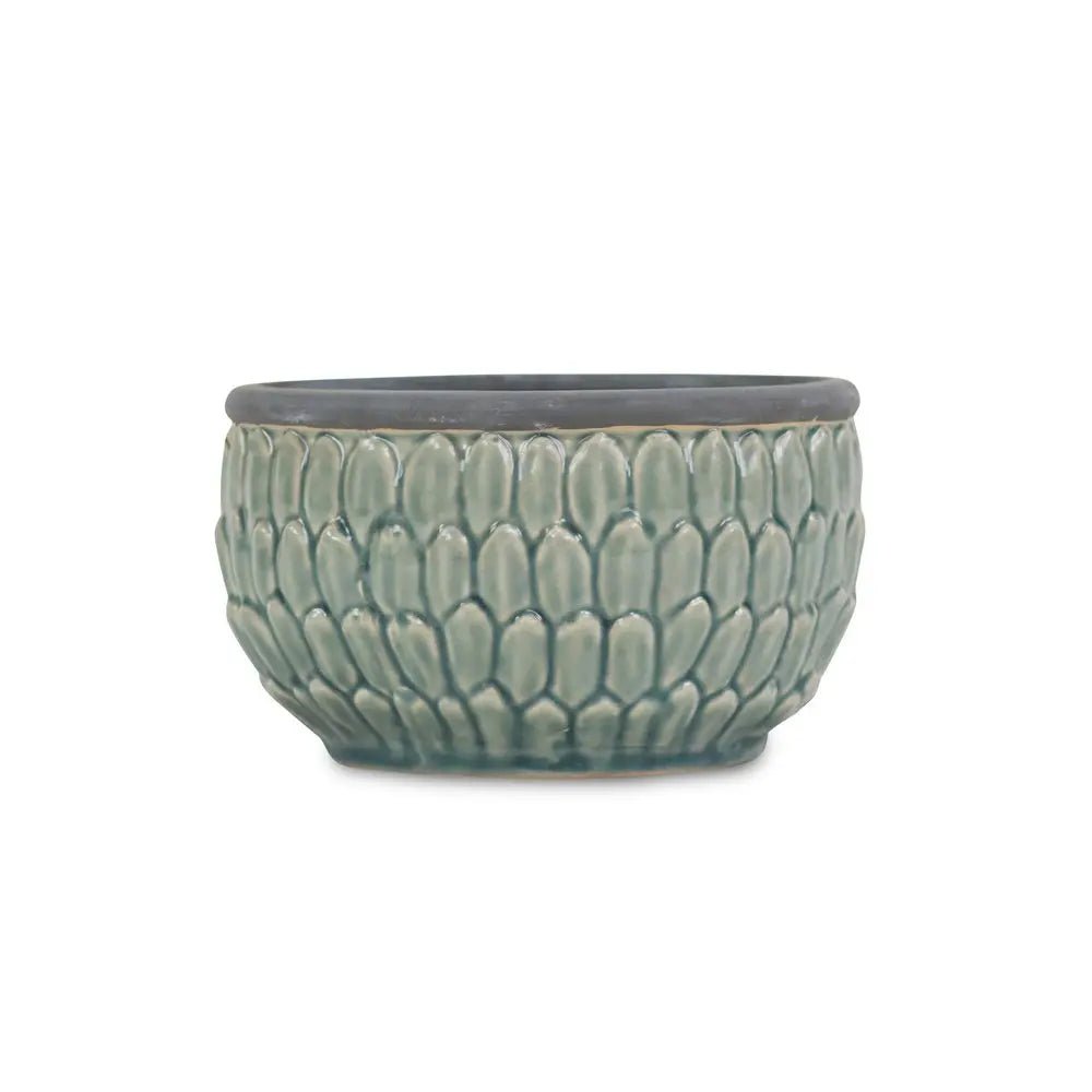 8" Aqua Textural Tone On Tone Ceramic Indoor Outdoor Round Pot Planter - NOBLE HOME INTERIORS
