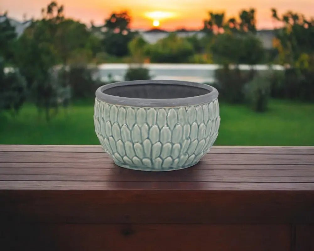 8" Aqua Textural Tone On Tone Ceramic Indoor Outdoor Round Pot Planter - NOBLE HOME INTERIORS
