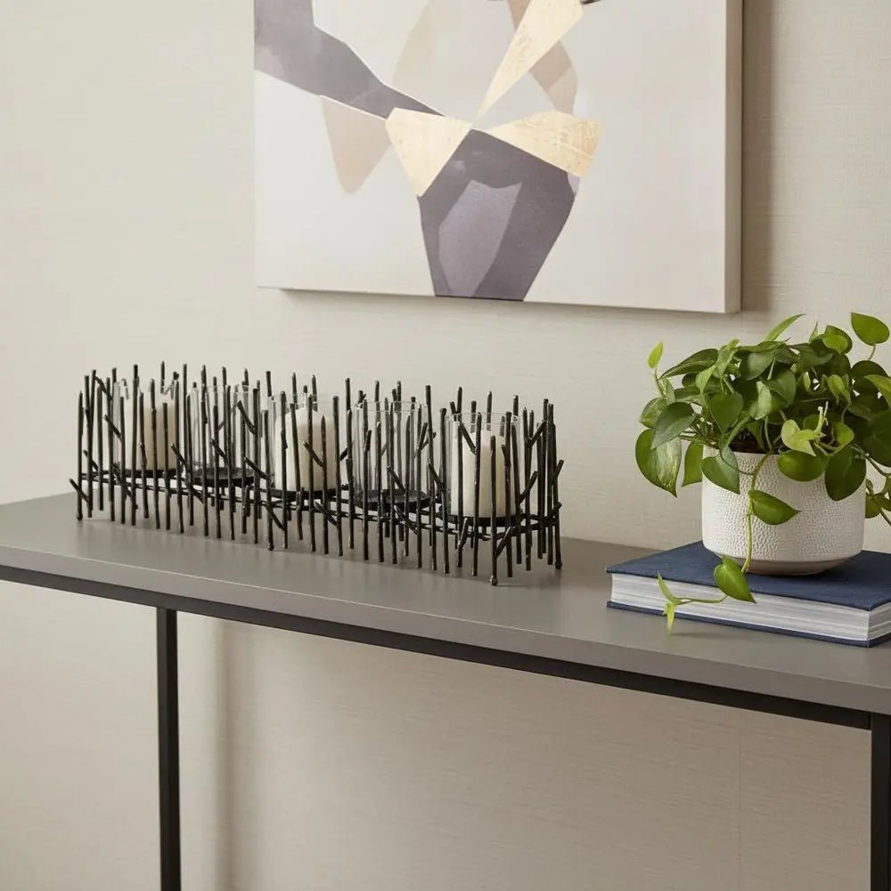 8" Black Distressed Abstract Metal Tabletop Hurricane Candle Holder HomeRoots