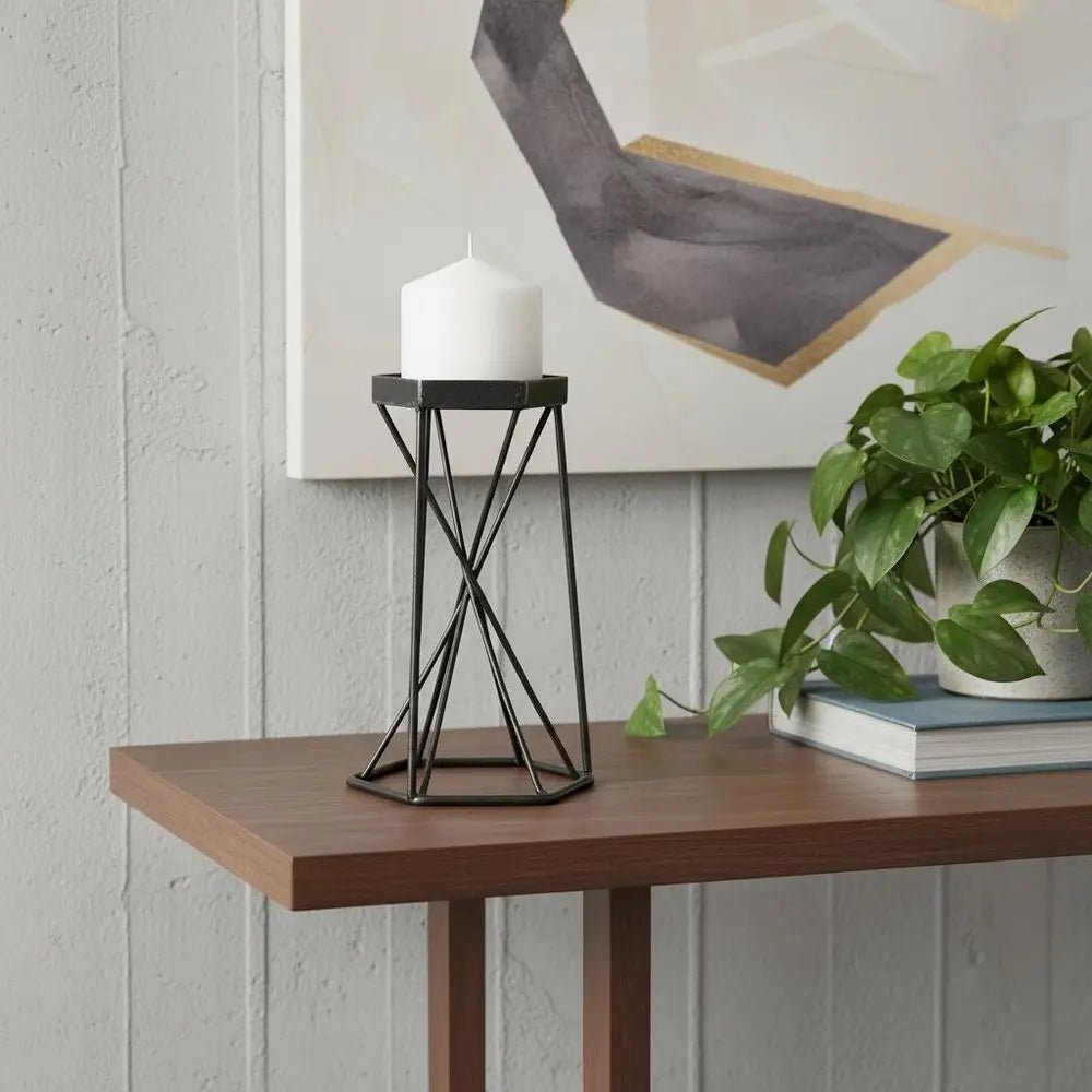 8" Black Distressed Geometric Metal Tabletop Dish Candle Holder HomeRoots