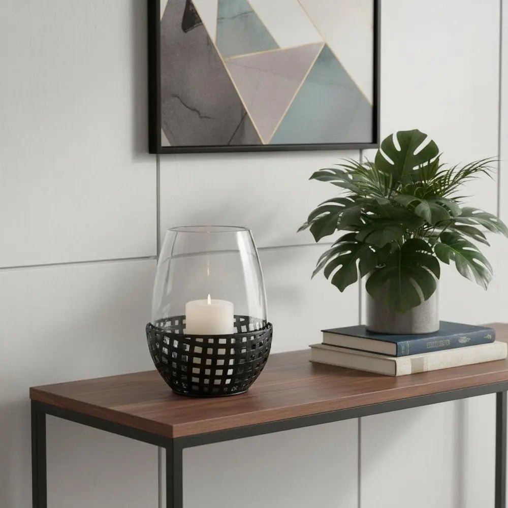 8" Black Woven Metal And Glass Tabletop Hurricane Candle Holder HomeRoots