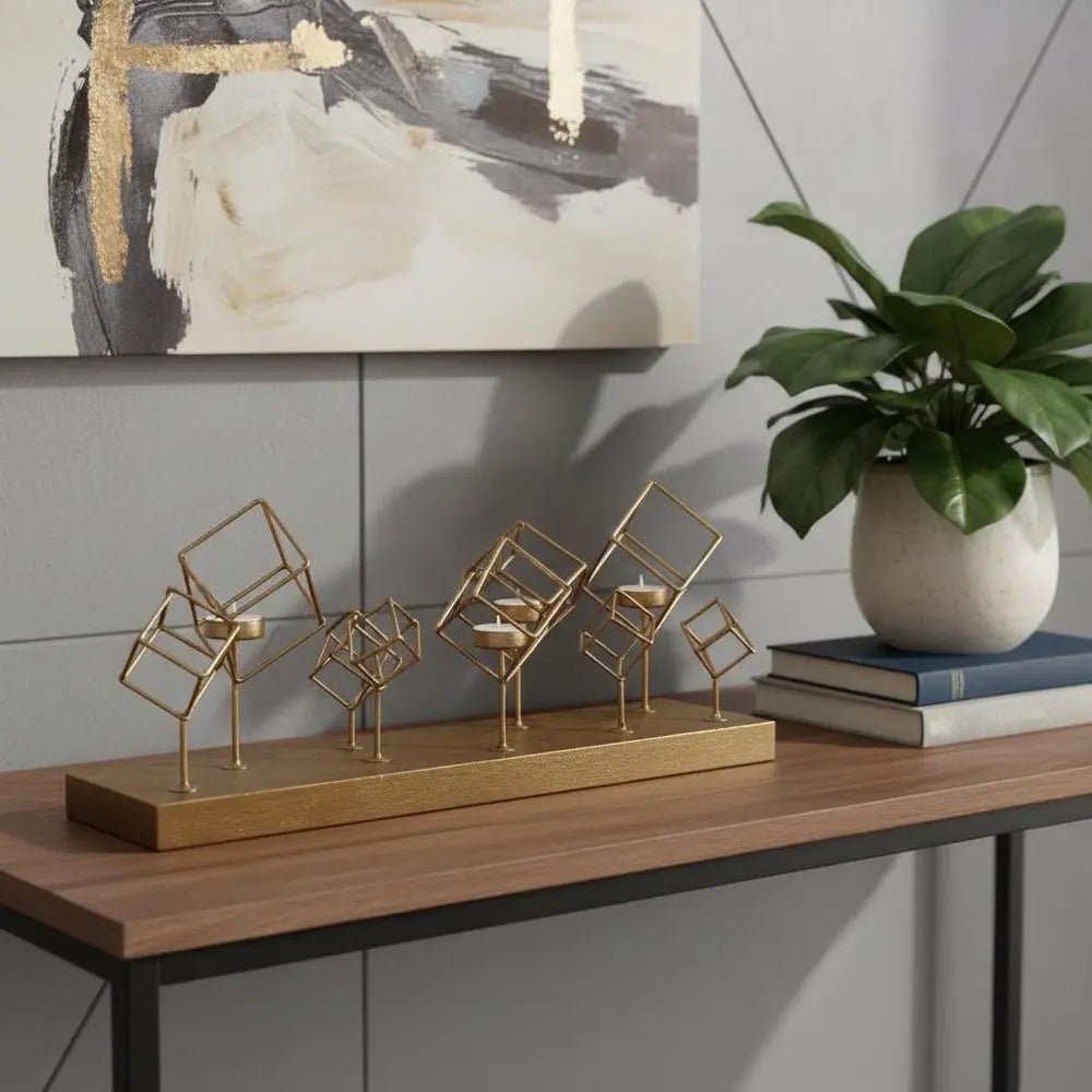 8" Brass Distressed Geometric Metal Tabletop Tealight Candle Holder HomeRoots