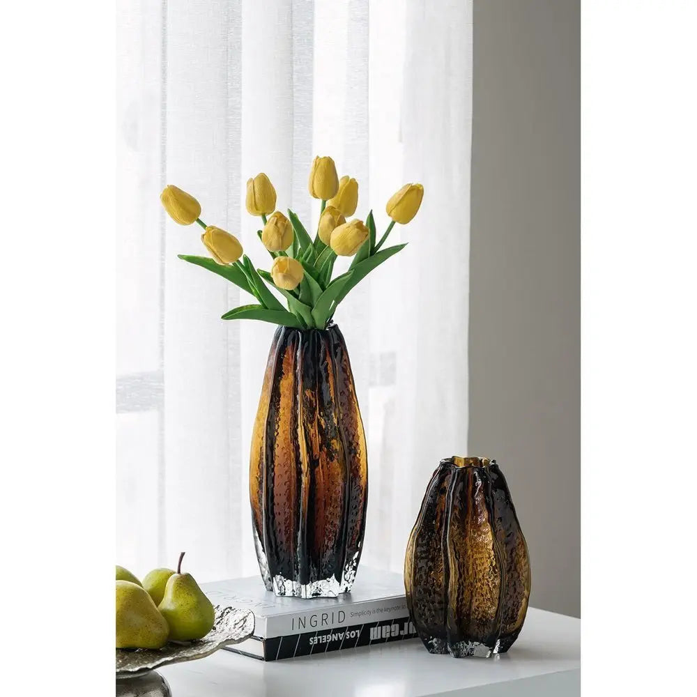 8" Burnt Umber Wavy Glass Table Vase - NOBLE HOME INTERIORS