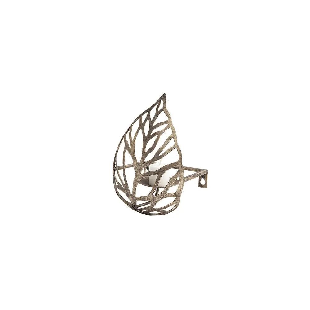 8" Champagne Distressed Botanical Leaf Metal Wall Sconce Candle Holder HomeRoots