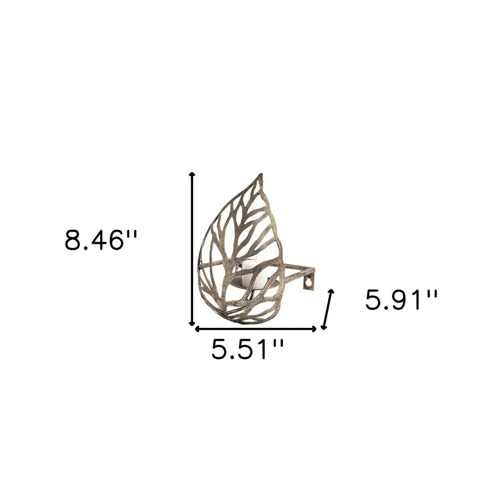 8" Champagne Distressed Botanical Leaf Metal Wall Sconce Candle Holder HomeRoots
