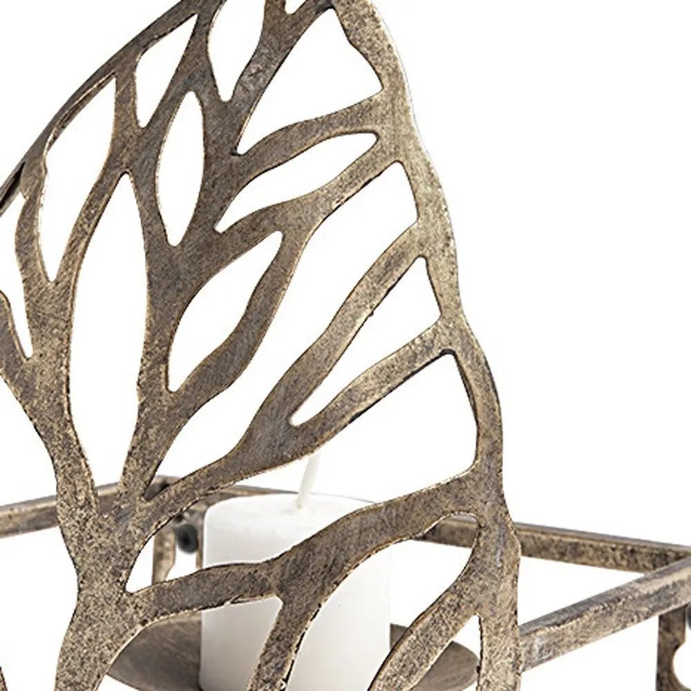 8" Champagne Distressed Botanical Leaf Metal Wall Sconce Candle Holder HomeRoots
