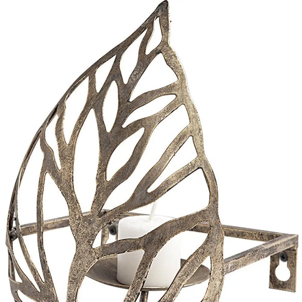 8" Champagne Distressed Botanical Leaf Metal Wall Sconce Candle Holder HomeRoots
