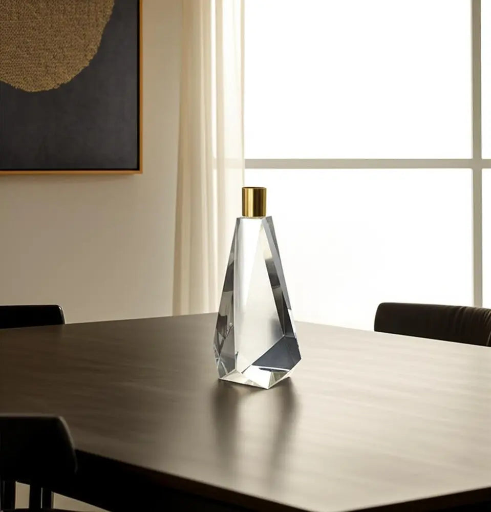 8" Clear And Gold Geo Faceted Crystal Tabletop Taper Candlestick - NOBLE HOME INTERIORS