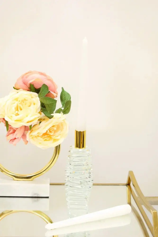 8" Clear And Gold Twisted Crystal Tabletop Taper Candlestick - NOBLE HOME INTERIORS