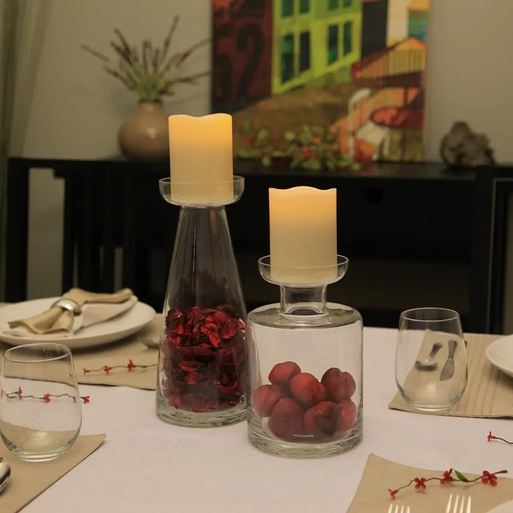 8" Clear Glass Centerpiece Pillar Candle Holder With Candle - NOBLE HOME INTERIORS