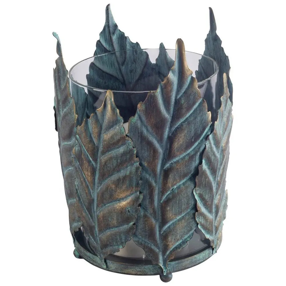 8" Gold Distressed Botanical Leaf Metal And Glass Tabletop Hurricane Candle Holder - NOBLE HOME INTERIORS