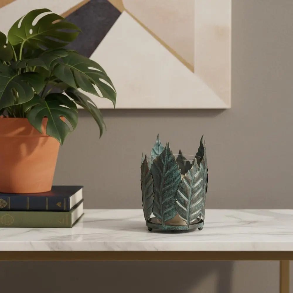 8" Gold Distressed Botanical Leaf Metal And Glass Tabletop Hurricane Candle Holder HomeRoots