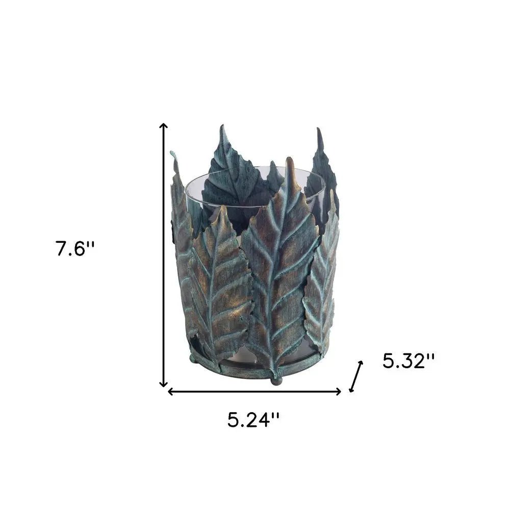 8" Gold Distressed Botanical Leaf Metal And Glass Tabletop Hurricane Candle Holder HomeRoots